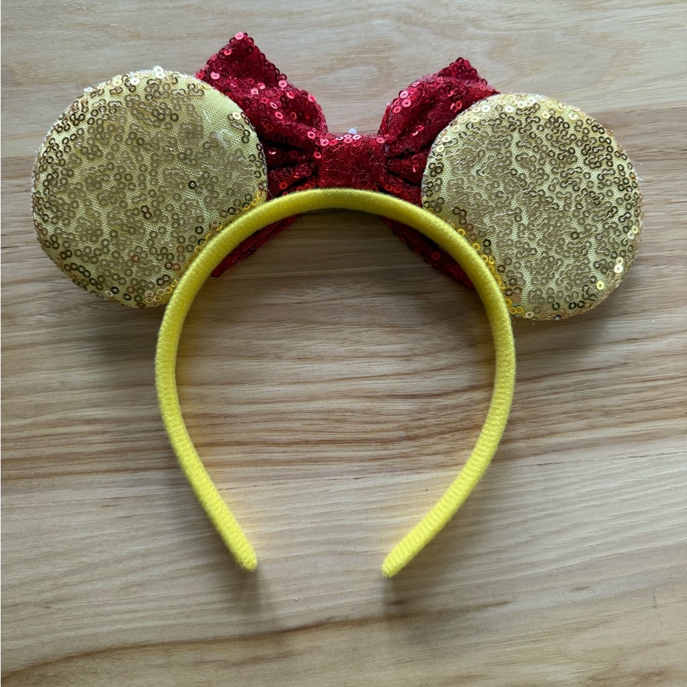 Child Size Costume Sequined MINNIE MOUSE EARS - GOLD & RED w/ CROWN Headband - Picture 2 of 6